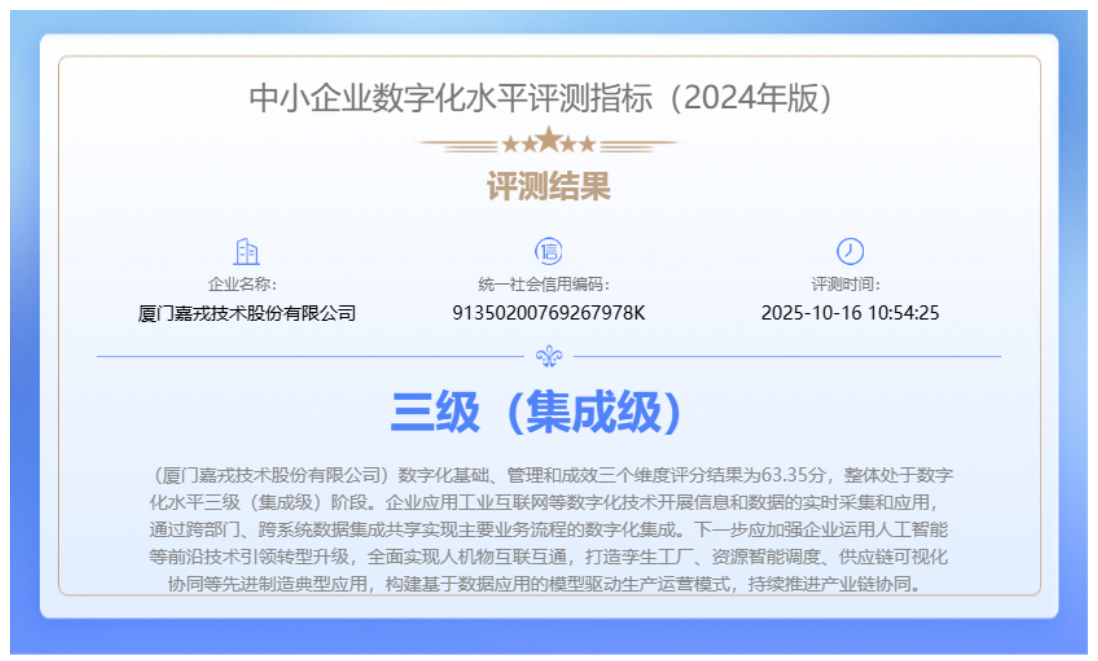 《中小企業(yè)數字化水平評測指標（2024年版）》三級（集成級）認證